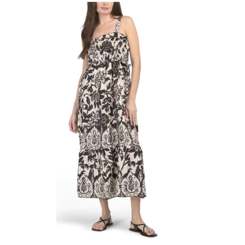 NWT ADIVA Smocked Black + Cream Satin Printed Maxi Dress Size Medium